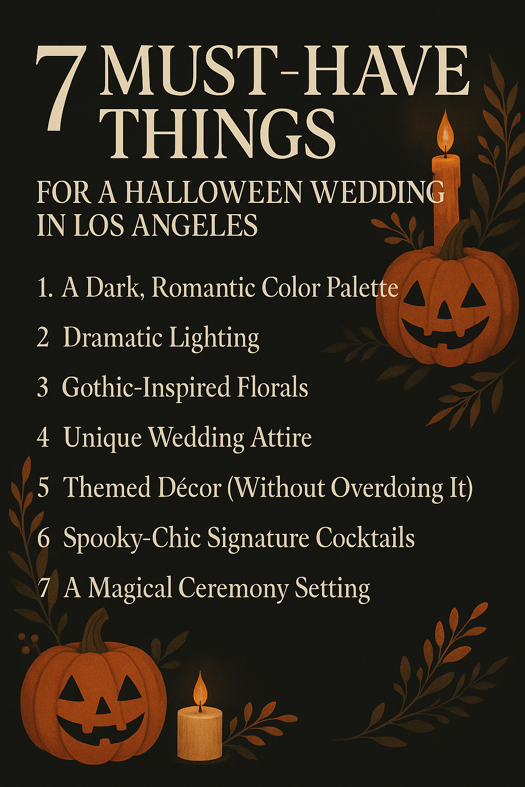 Elegant Halloween wedding infographic featuring pumpkins, candles, and gothic foliage with the title â7 Must-Have Things for a Halloween Wedding in Los Angelesâ listed in cream-colored text on a dark background.