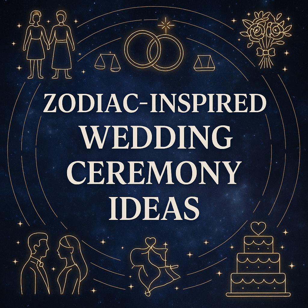 Cosmic-themed graphic with zodiac symbols, wedding icons, and bold text reading âZodiac-Inspired Wedding Ceremony Ideasâ on a starry night background.