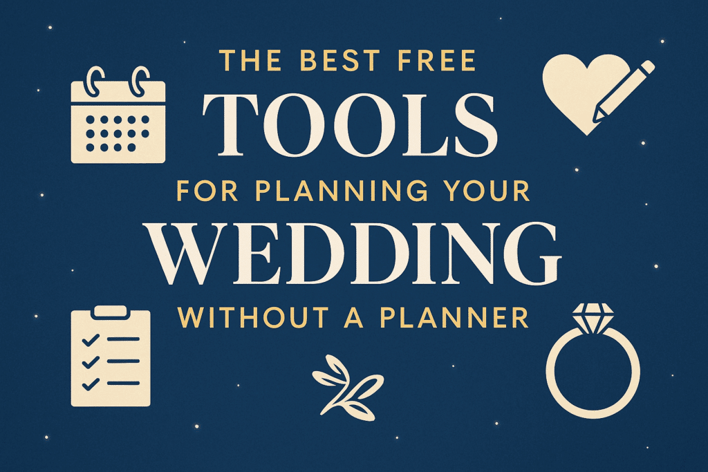 A digital graphic design image titled "The Best Free Tools for Planning Your Wedding Without a Planner" featuring a dark blue background with small glowing dots, and cream-colored wedding icons including a calendar, heart, checklist, and engagement ring in Los Angeles