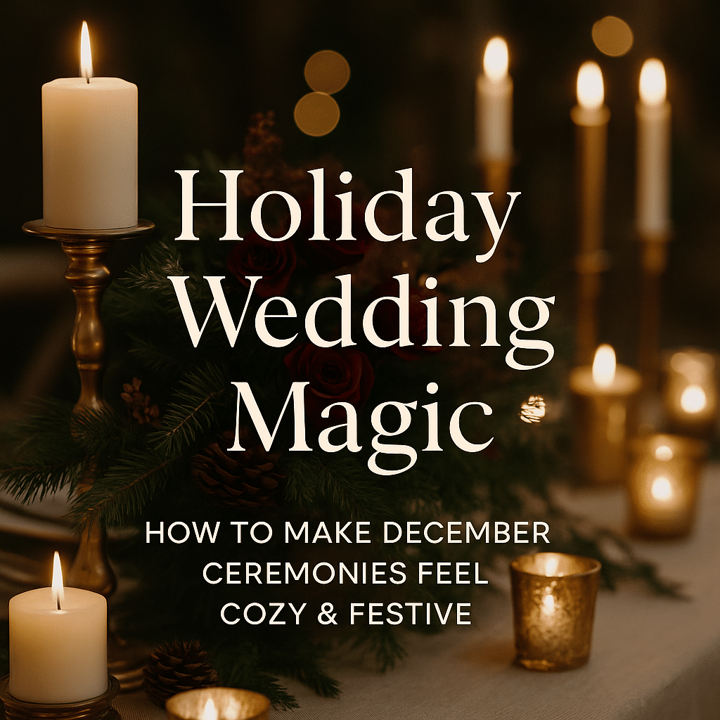 Elegant holiday wedding scene with candles, pine greenery, and gold accents, featuring the text âHoliday Wedding Magic: How to Make December Ceremonies Feel Cozy & Festiveâ over a warm, romantic background.