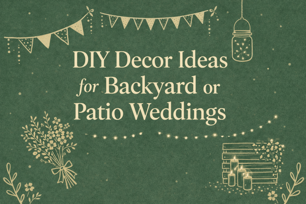 A 2D digital graphic design image features the title “DIY Decor Ideas for Backyard or Patio Weddings” in cream-colored text centered on a dark green textured background. Surrounding the text are illustrations of pennant banners, a mason jar lantern with fairy lights, a wildflower bouquet, glowing candles on stacked wooden pallets, and floral accents—creating a whimsical, rustic wedding vibe.