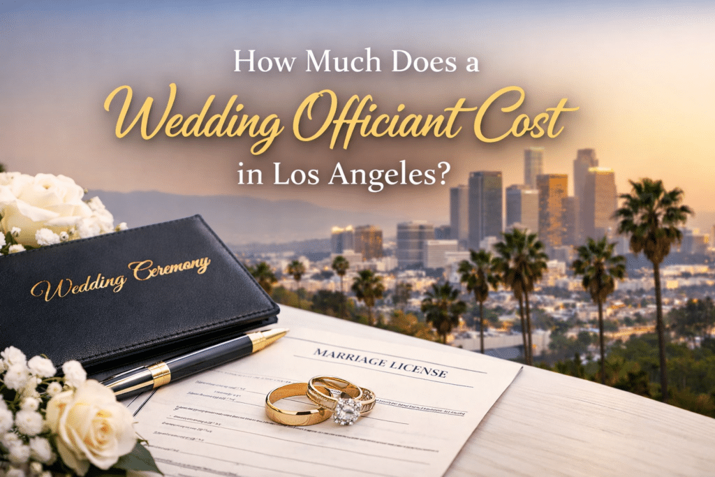 Wedding officiant cost in Los Angeles featuring marriage license, wedding rings, and LA skyline background